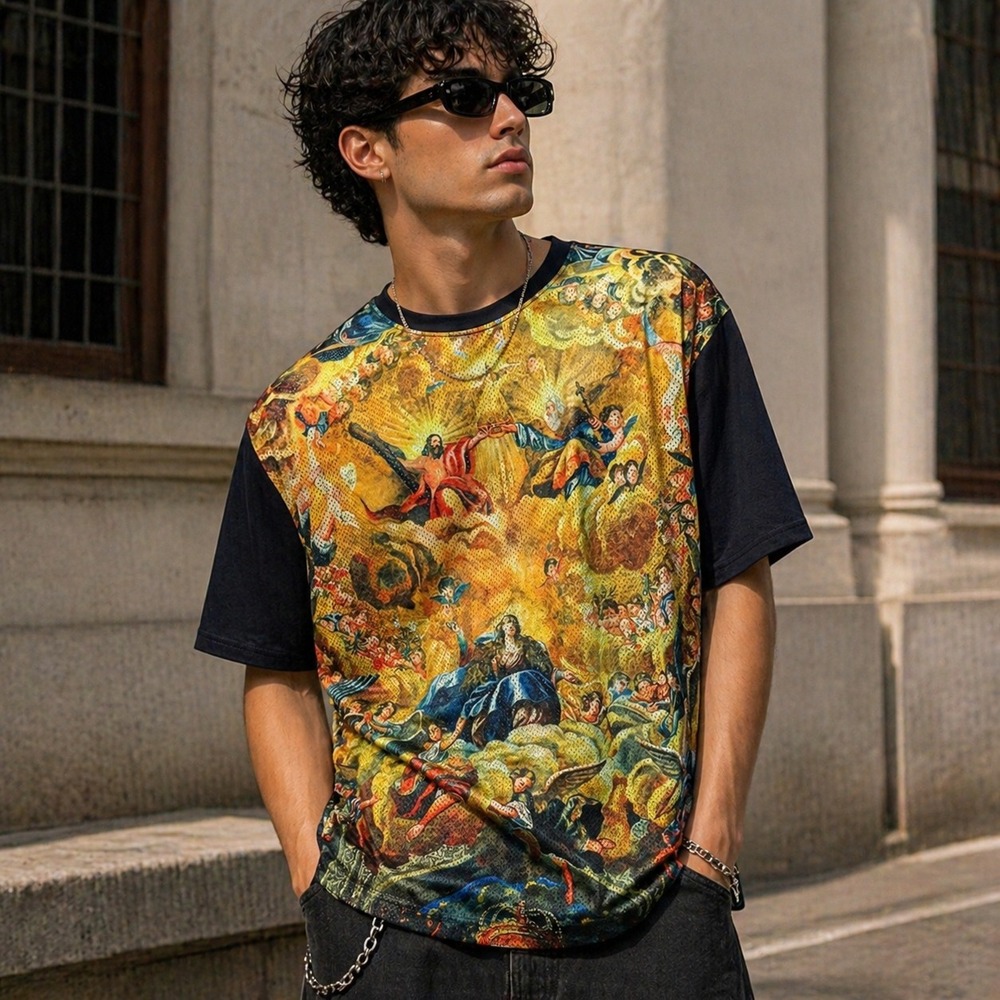 Chemistry Mens Graphic Mesh Front T-Shirt Sz XL Renaissance Streetwear Baroque